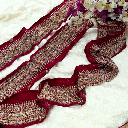 Indian Vintage Maroon Sari Border Hand Embroidered Craft Trim Lace Sewing Sari Ribbon Pure Crepe silk Zardozi Zari Dress Making Upcycle