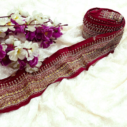 Indian Vintage Maroon Sari Border Hand Embroidered Craft Trim Lace Sewing Sari Ribbon Pure Crepe silk Zardozi Zari Dress Making Upcycle