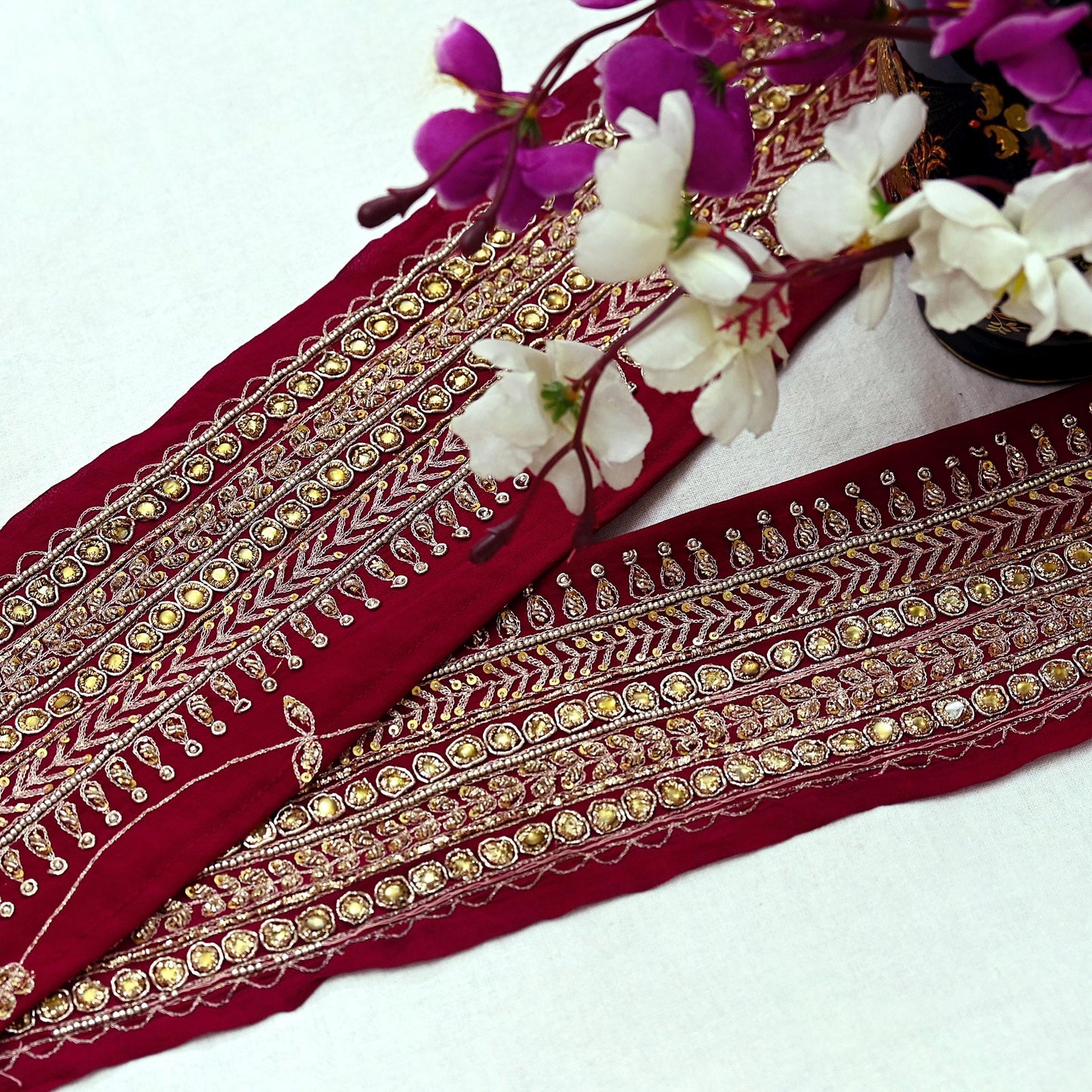 Indian Vintage Maroon Sari Border Hand Embroidered Craft Trim Lace Sewing Sari Ribbon Pure Crepe silk Zardozi Zari Dress Making Upcycle