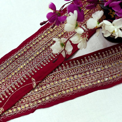 Indian Vintage Maroon Sari Border Hand Embroidered Craft Trim Lace Sewing Sari Ribbon Pure Crepe silk Zardozi Zari Dress Making Upcycle