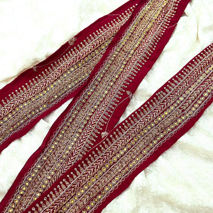 Indian Vintage Maroon Sari Border Hand Embroidered Craft Trim Lace Sewing Sari Ribbon Pure Crepe silk Zardozi Zari Dress Making Upcycle