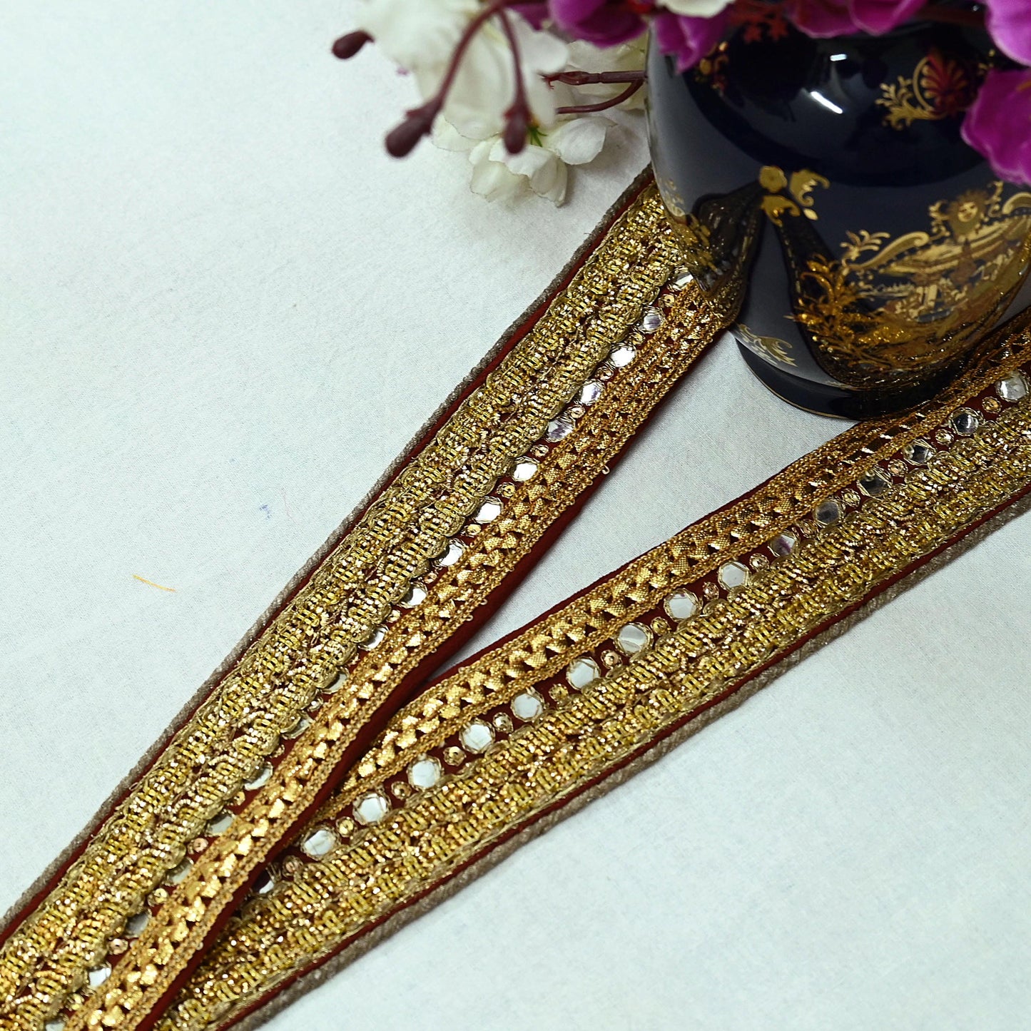 Indian Vintage Maroon Sari Border Hand Embroidered Craft Trim Lace Sewing Pure Georgette Silk Ribbon Recycled Zardozi