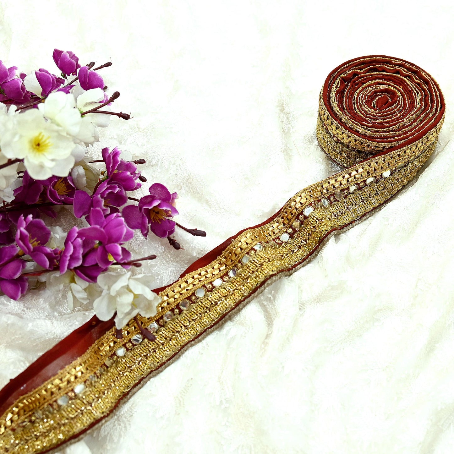 Indian Vintage Maroon Sari Border Hand Embroidered Craft Trim Lace Sewing Pure Georgette Silk Ribbon Recycled Zardozi