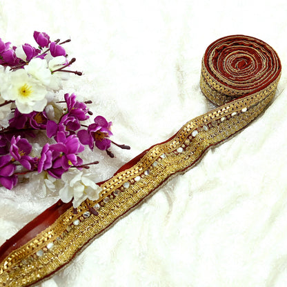 Indian Vintage Maroon Sari Border Hand Embroidered Craft Trim Lace Sewing Pure Georgette Silk Ribbon Recycled Zardozi