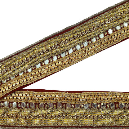 Indian Vintage Maroon Sari Border Hand Embroidered Craft Trim Lace Sewing Pure Georgette Silk Ribbon Recycled Zardozi