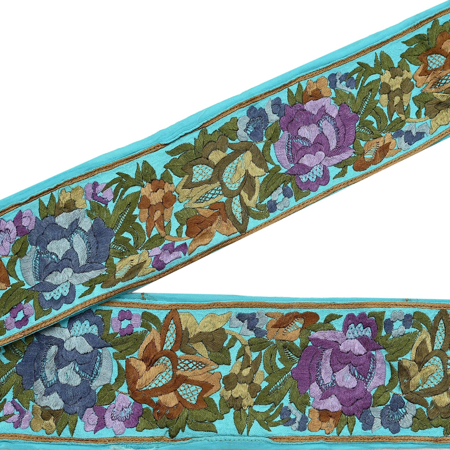 Indian Antique Vintage Parsi Gara Border Purple Hand Embroidered Craft Trim Lace Sewing Sarees Ribbon Recycled 1yard Pure Georgette Silk