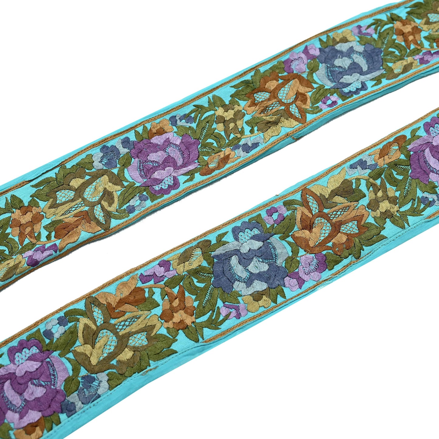 Indian Antique Vintage Parsi Gara Border Purple Hand Embroidered Craft Trim Lace Sewing Sarees Ribbon Recycled 1yard Pure Georgette Silk