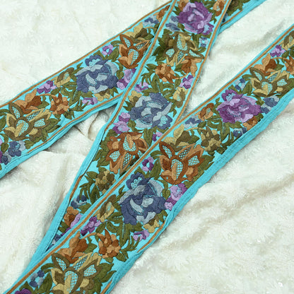 Indian Antique Vintage Parsi Gara Border Purple Hand Embroidered Craft Trim Lace Sewing Sarees Ribbon Recycled 1yard Pure Georgette Silk