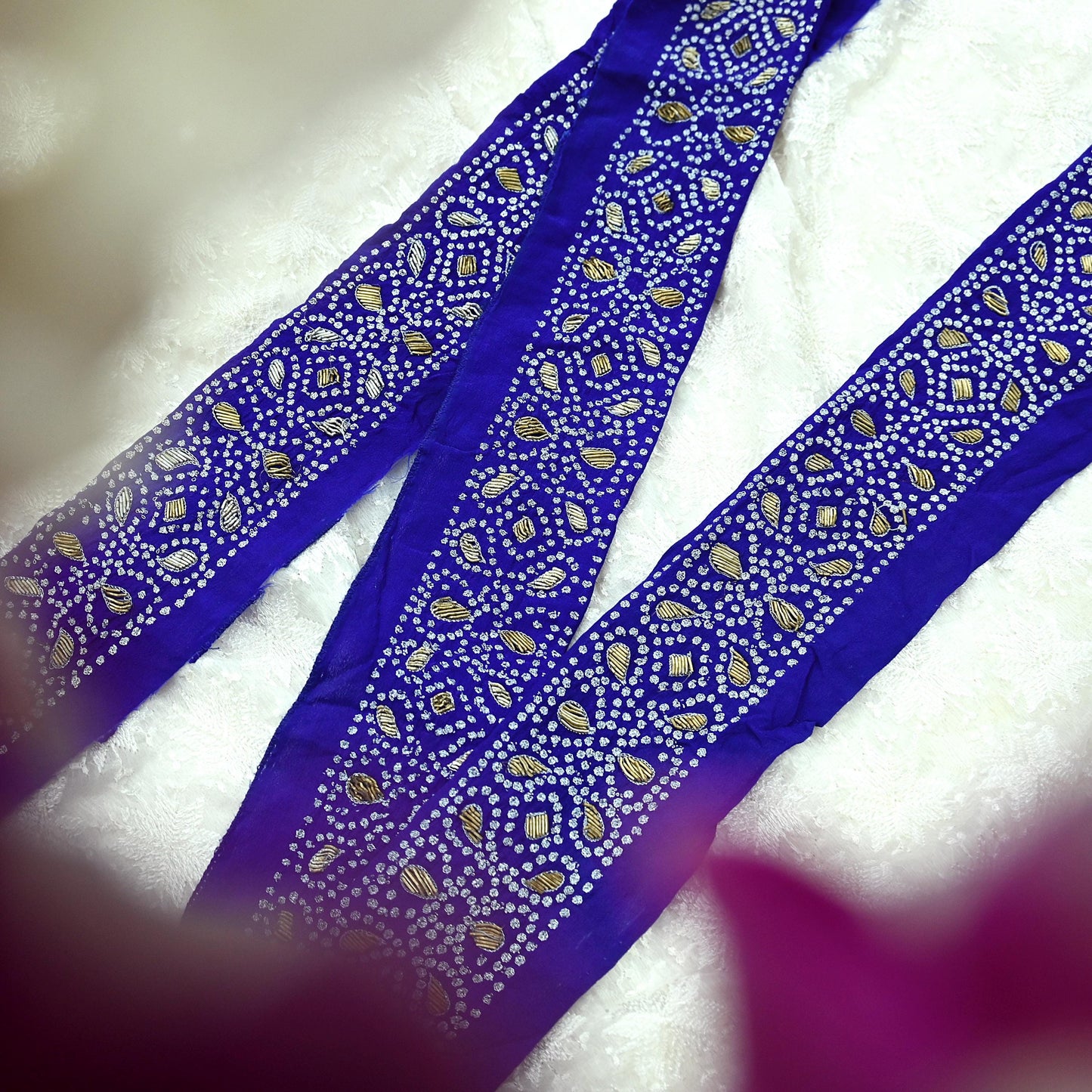 Indian Vintage Blue Sari Border Hand Embroidered 1yd Craft Trim Lace Sewing Sari Ribbon Pure Crepe silk  Zardozi/Dabka Zari