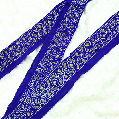 Indian Vintage Blue Sari Border Hand Embroidered 1yd Craft Trim Lace Sewing Sari Ribbon Pure Crepe silk  Zardozi/Dabka Zari