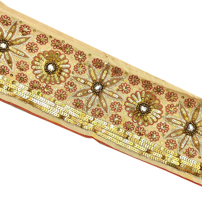 Indian Vintage Beige Sari Border Hand Embroidered 1yd Gota Patti Craft Trim Lace Sewing Sari Ribbon Pure Crepe silk  Sequins Zari