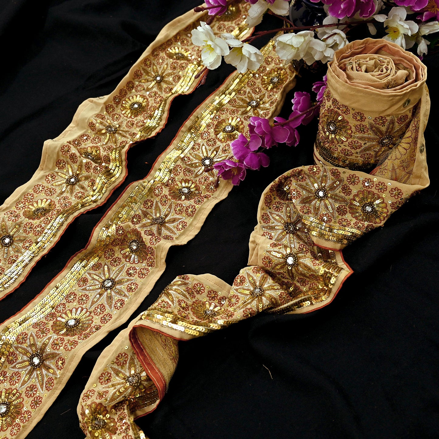 Indian Vintage Beige Sari Border Hand Embroidered 1yd Gota Patti Craft Trim Lace Sewing Sari Ribbon Pure Crepe silk  Sequins Zari