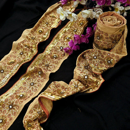 Indian Vintage Beige Sari Border Hand Embroidered 1yd Gota Patti Craft Trim Lace Sewing Sari Ribbon Pure Crepe silk  Sequins Zari