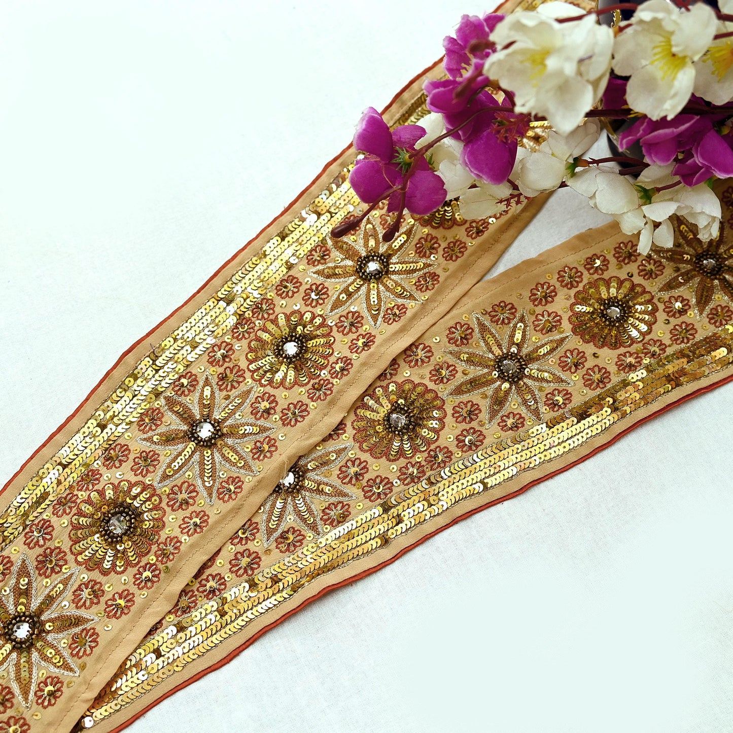 Indian Vintage Beige Sari Border Hand Embroidered 1yd Gota Patti Craft Trim Lace Sewing Sari Ribbon Pure Crepe silk  Sequins Zari