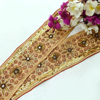 Indian Vintage Beige Sari Border Hand Embroidered 1yd Gota Patti Craft Trim Lace Sewing Sari Ribbon Pure Crepe silk  Sequins Zari