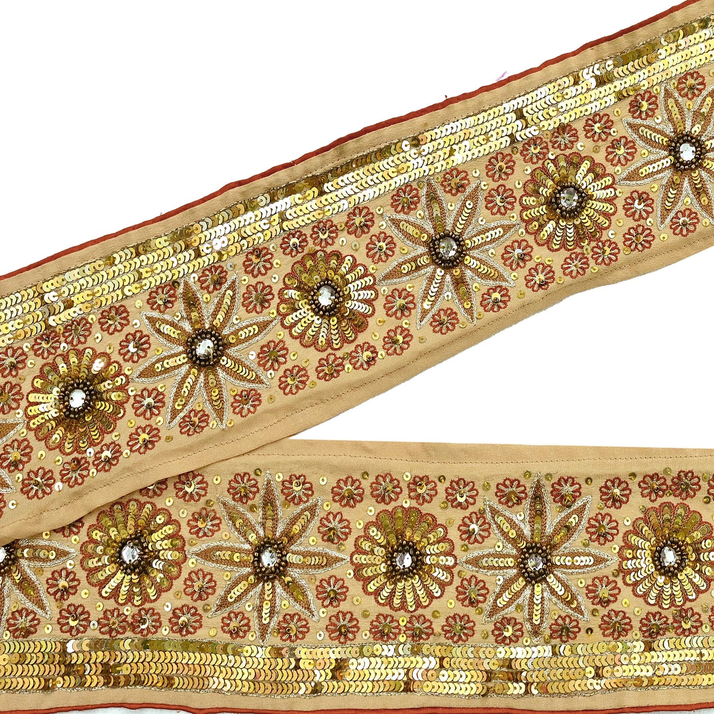 Indian Vintage Beige Sari Border Hand Embroidered 1yd Gota Patti Craft Trim Lace Sewing Sari Ribbon Pure Crepe silk  Sequins Zari