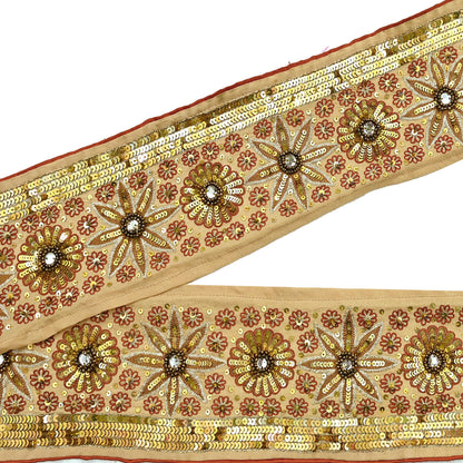 Indian Vintage Beige Sari Border Hand Embroidered 1yd Gota Patti Craft Trim Lace Sewing Sari Ribbon Pure Crepe silk  Sequins Zari