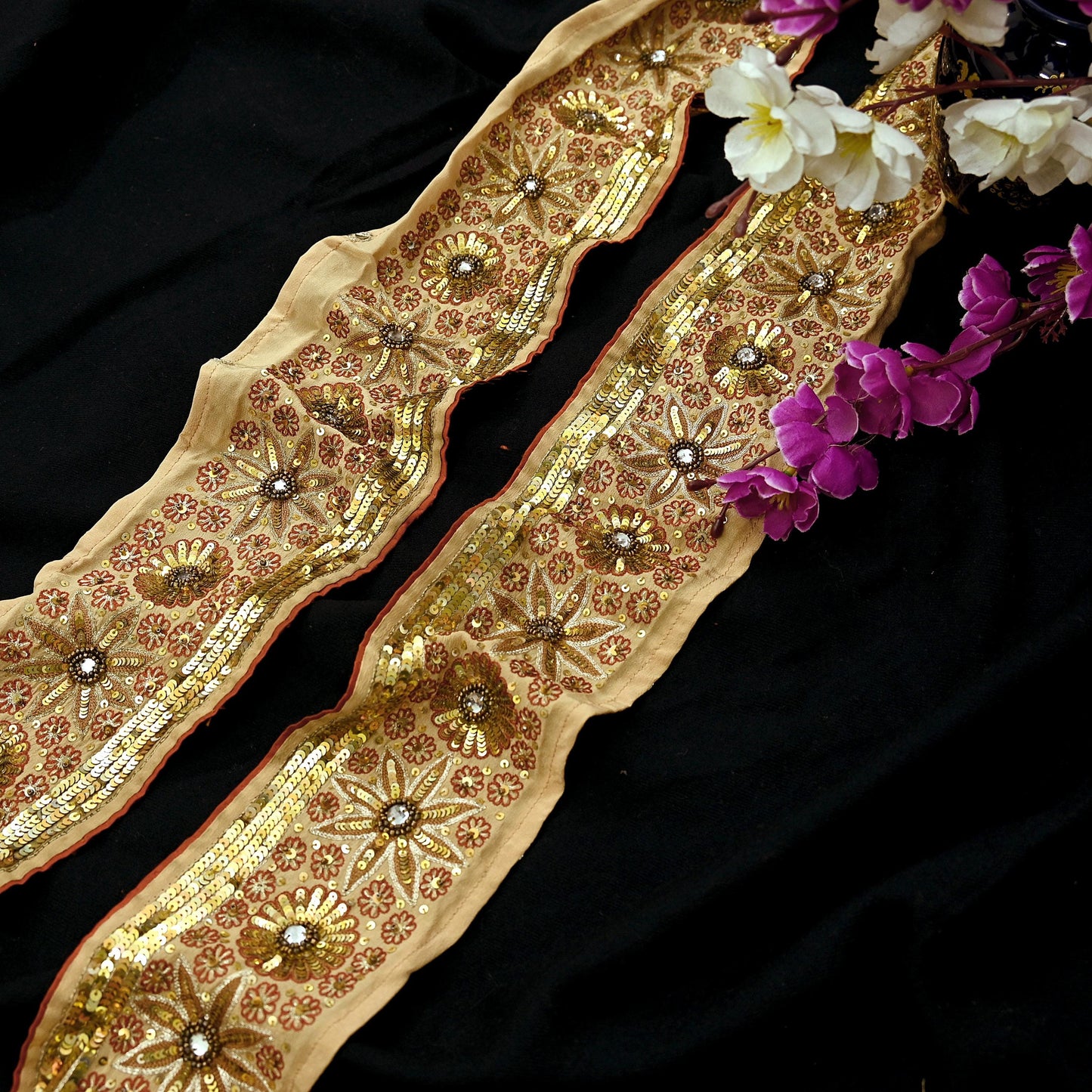Indian Vintage Beige Sari Border Hand Embroidered 1yd Gota Patti Craft Trim Lace Sewing Sari Ribbon Pure Crepe silk  Sequins Zari