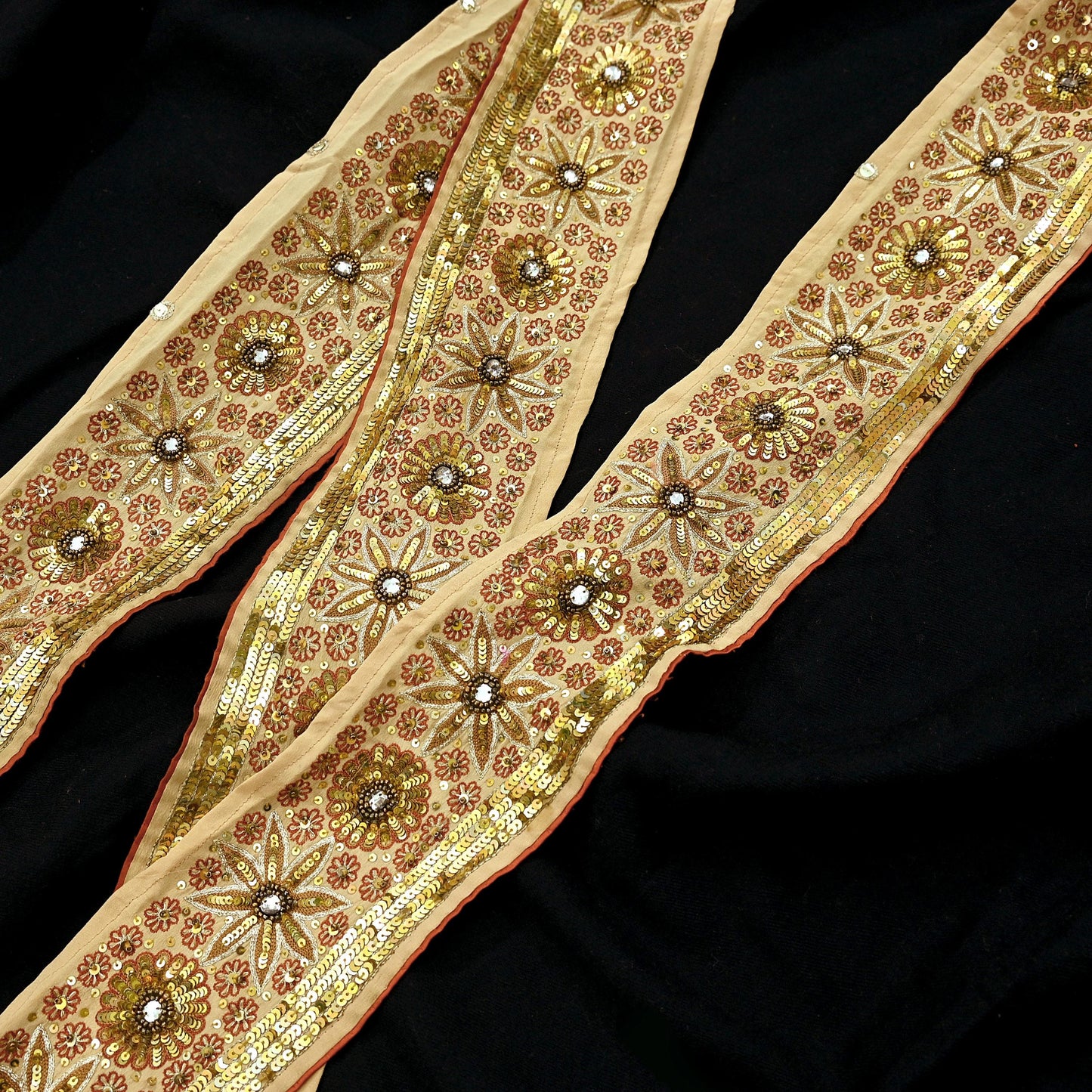 Indian Vintage Beige Sari Border Hand Embroidered 1yd Gota Patti Craft Trim Lace Sewing Sari Ribbon Pure Crepe silk  Sequins Zari