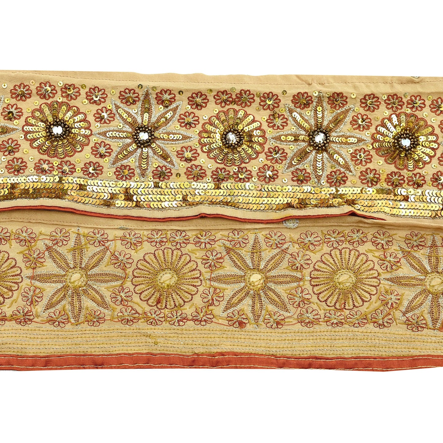 Indian Vintage Beige Sari Border Hand Embroidered 1yd Gota Patti Craft Trim Lace Sewing Sari Ribbon Pure Crepe silk  Sequins Zari