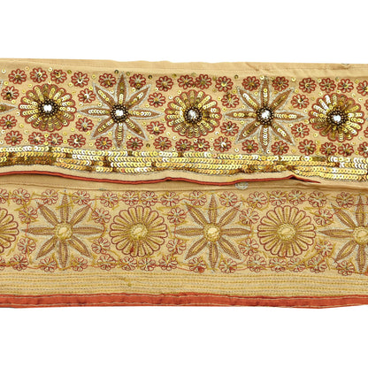 Indian Vintage Beige Sari Border Hand Embroidered 1yd Gota Patti Craft Trim Lace Sewing Sari Ribbon Pure Crepe silk  Sequins Zari