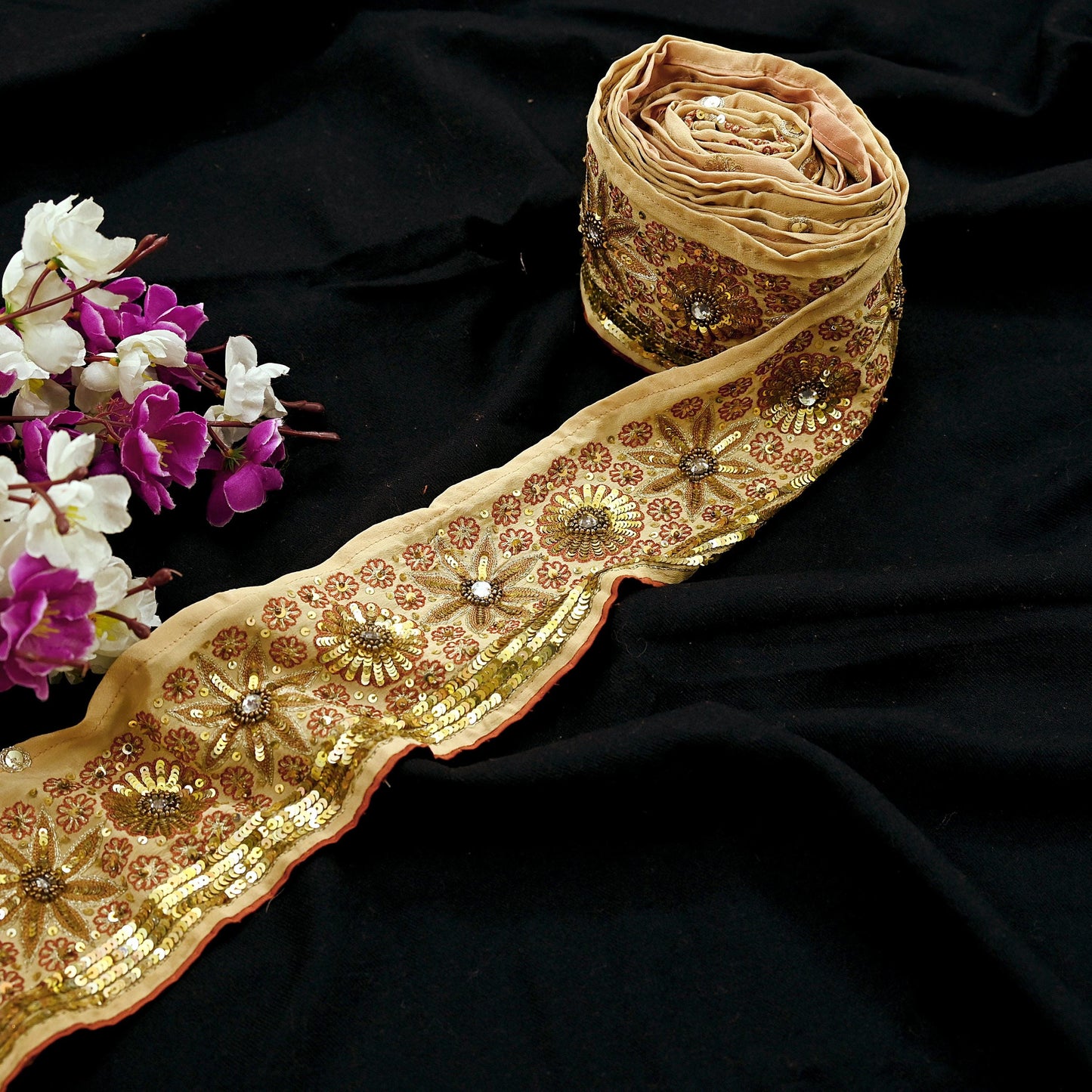 Indian Vintage Beige Sari Border Hand Embroidered 1yd Gota Patti Craft Trim Lace Sewing Sari Ribbon Pure Crepe silk  Sequins Zari