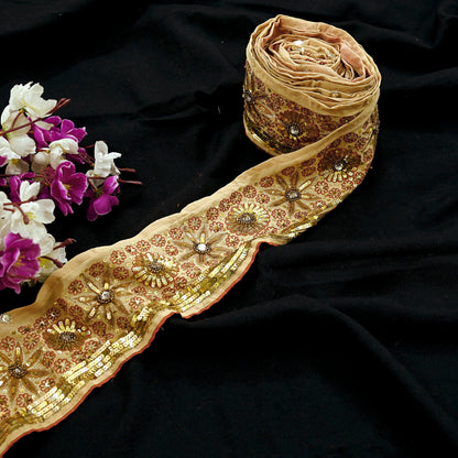 Indian Vintage Beige Sari Border Hand Embroidered 1yd Gota Patti Craft Trim Lace Sewing Sari Ribbon Pure Crepe silk  Sequins Zari
