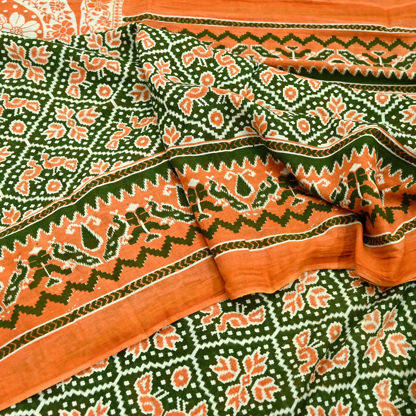 Indian Vintage Sari Green & Orange Printed Sarees Pure Cotton Craft Soft Fabric 5Yard Sewing Sarong Wrap Boho Floral Upcycle Dress making