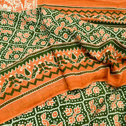 Indian Vintage Sari Green & Orange Printed Sarees Pure Cotton Craft Soft Fabric 5Yard Sewing Sarong Wrap Boho Floral Upcycle Dress making