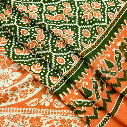 Indian Vintage Sari Green & Orange Printed Sarees Pure Cotton Craft Soft Fabric 5Yard Sewing Sarong Wrap Boho Floral Upcycle Dress making