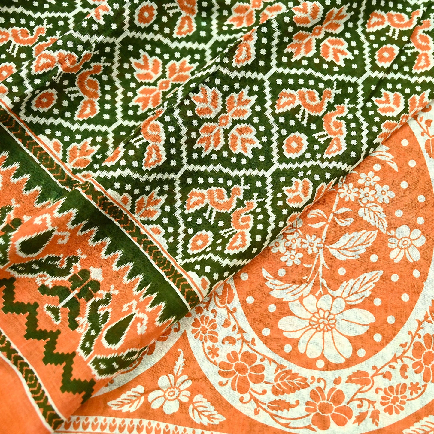 Indian Vintage Sari Green & Orange Printed Sarees Pure Cotton Craft Soft Fabric 5Yard Sewing Sarong Wrap Boho Floral Upcycle Dress making