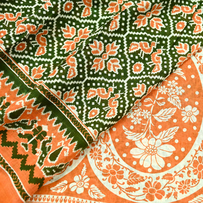 Indian Vintage Sari Green & Orange Printed Sarees Pure Cotton Craft Soft Fabric 5Yard Sewing Sarong Wrap Boho Floral Upcycle Dress making