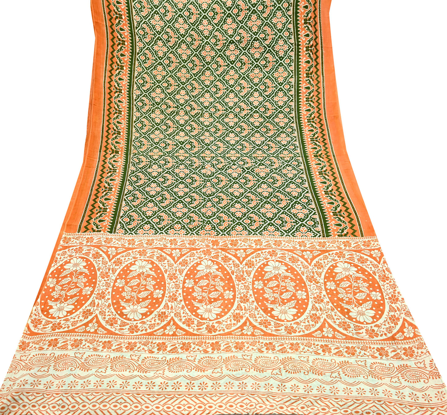 Indian Vintage Sari Green & Orange Printed Sarees Pure Cotton Craft Soft Fabric 5Yard Sewing Sarong Wrap Boho Floral Upcycle Dress making