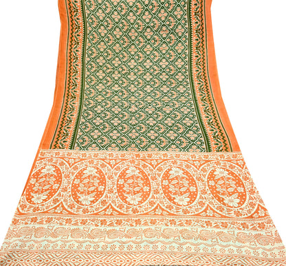 Indian Vintage Sari Green & Orange Printed Sarees Pure Cotton Craft Soft Fabric 5Yard Sewing Sarong Wrap Boho Floral Upcycle Dress making