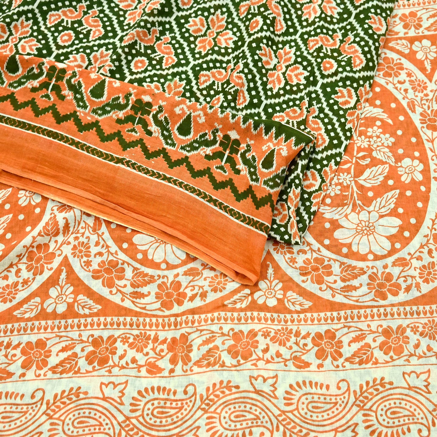 Indian Vintage Sari Green & Orange Printed Sarees Pure Cotton Craft Soft Fabric 5Yard Sewing Sarong Wrap Boho Floral Upcycle Dress making