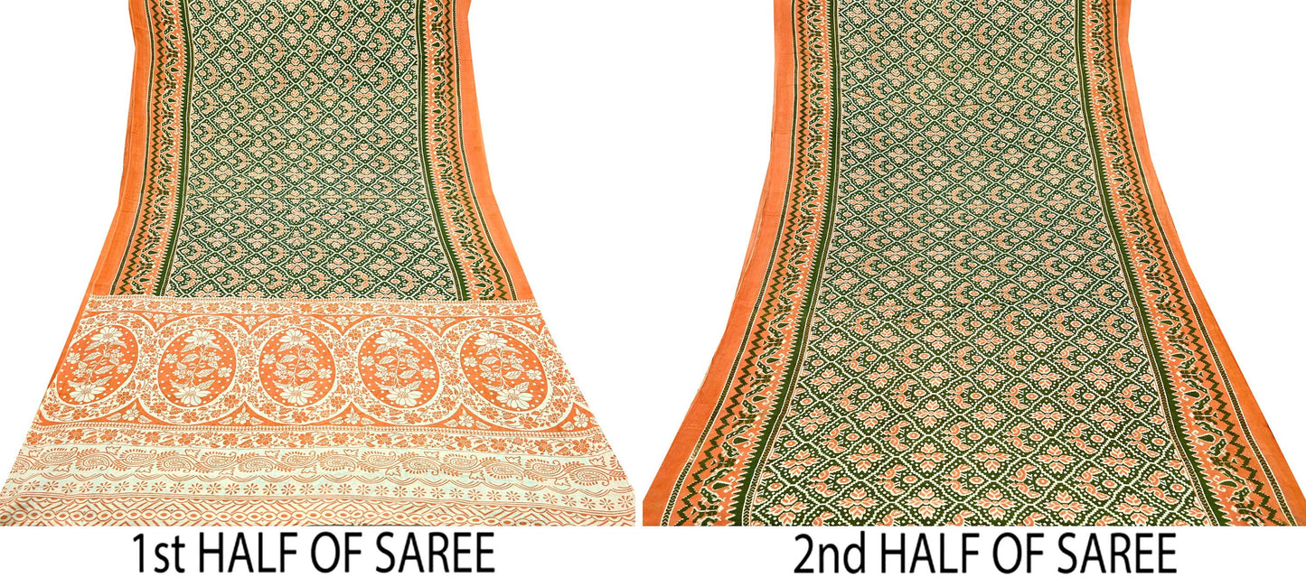 Indian Vintage Sari Green & Orange Printed Sarees Pure Cotton Craft Soft Fabric 5Yard Sewing Sarong Wrap Boho Floral Upcycle Dress making
