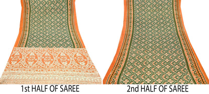 Indian Vintage Sari Green & Orange Printed Sarees Pure Cotton Craft Soft Fabric 5Yard Sewing Sarong Wrap Boho Floral Upcycle Dress making