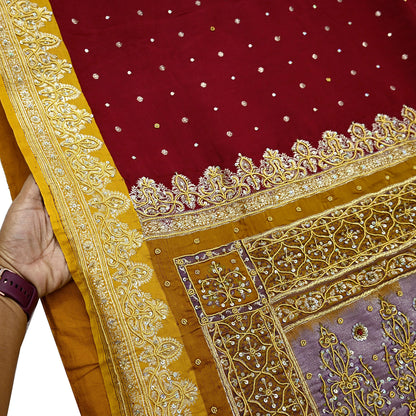 Indian Vintage Heavy Wedding Saree Pure Satin Silk Hand Embroidered Banarsi Brocade Sari Zari/Zardozi/Dabka 5Yd Dressmaking