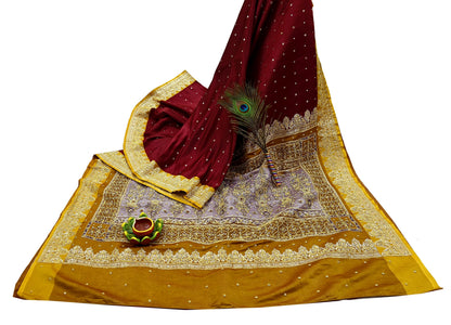 Indian Vintage Heavy Wedding Saree Pure Satin Silk Hand Embroidered Banarsi Brocade Sari Zari/Zardozi/Dabka 5Yd Dressmaking