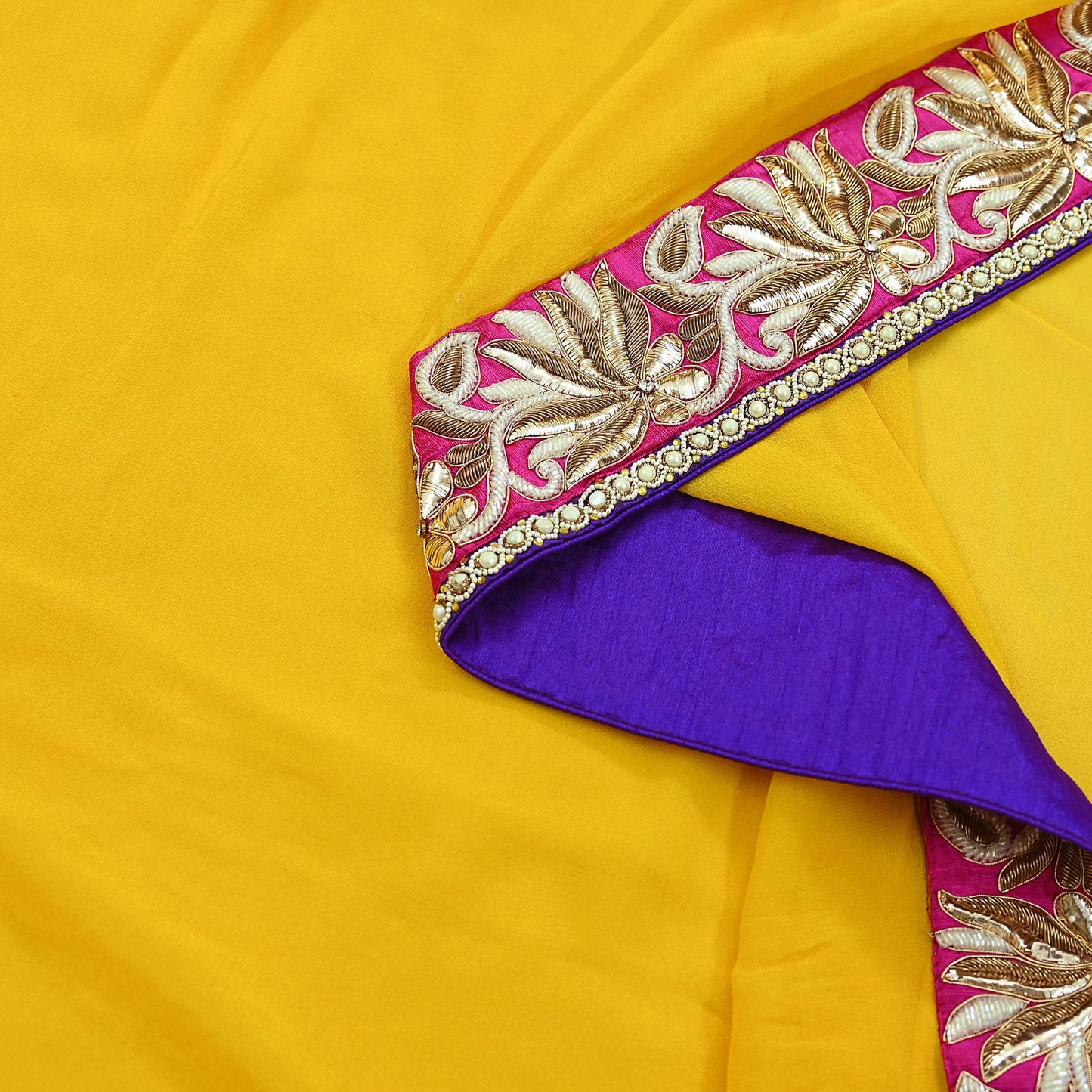Indian Vintage Heavy Sari Yellow Pure Georgette Silk Hand Embroidered Sarees Craft Fabric 6Yd Sewing Ethnic Bollywood saree Zardozi Mukesh