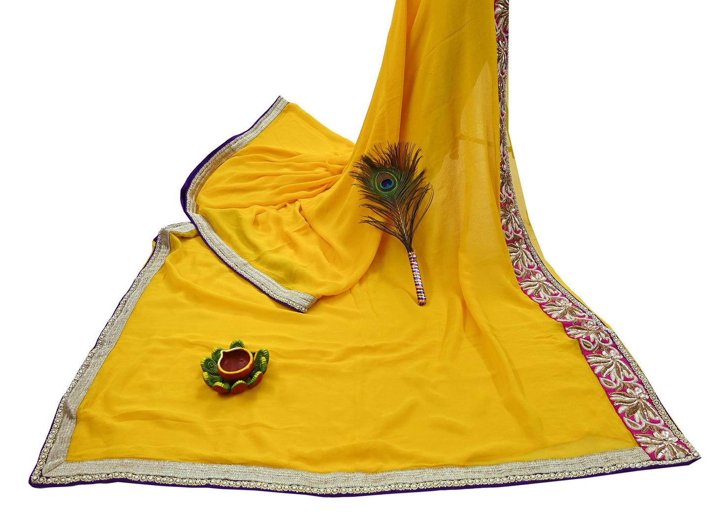 Indian Vintage Heavy Sari Yellow Pure Georgette Silk Hand Embroidered Sarees Craft Fabric 6Yd Sewing Ethnic Bollywood saree Zardozi Mukesh