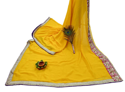 Indian Vintage Heavy Sari Yellow Pure Georgette Silk Hand Embroidered Sarees Craft Fabric 6Yd Sewing Ethnic Bollywood saree Zardozi Mukesh