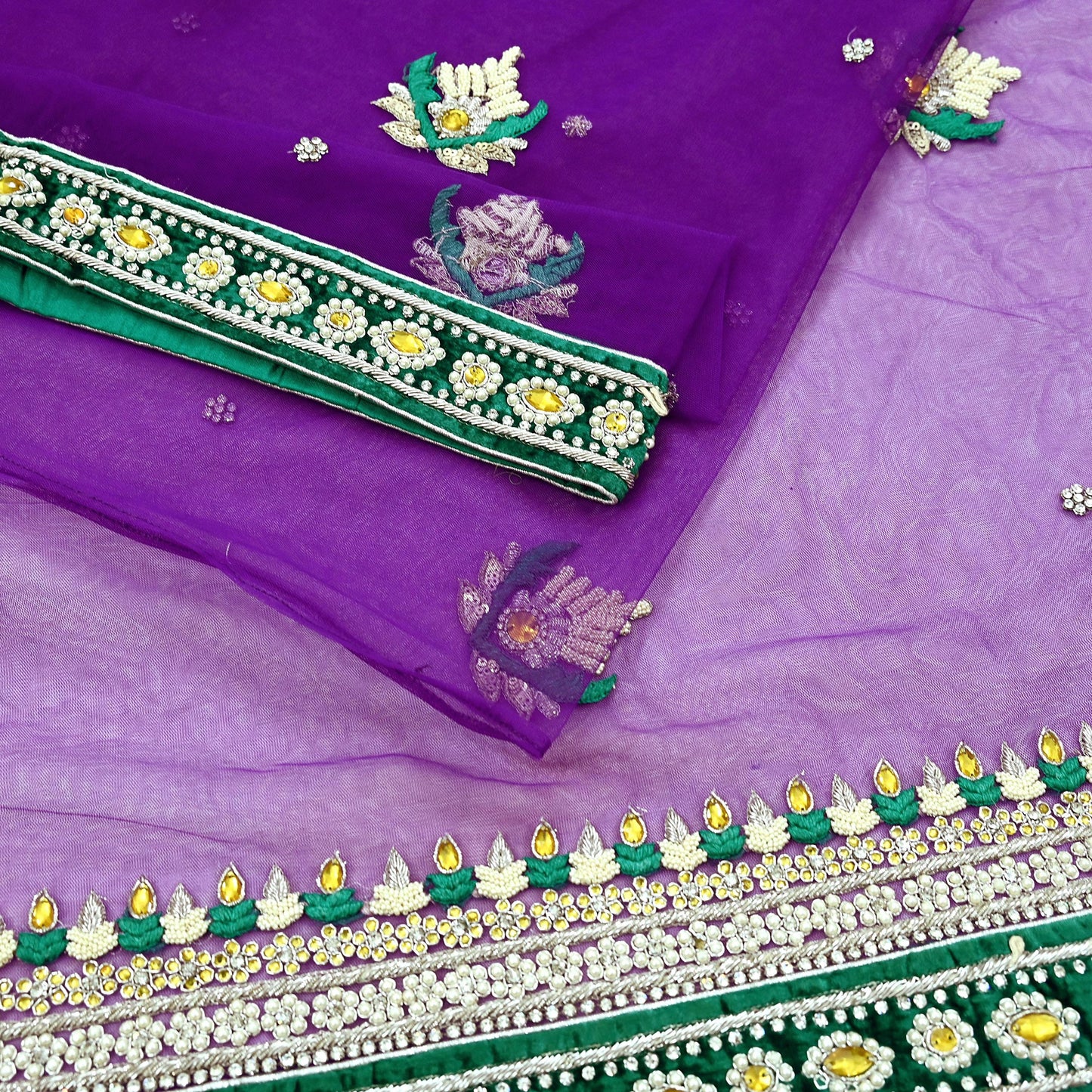 Indian Vintage Purple Net Saree Heavy Hand Embroidery 5 Yards Soft Mesh Fabric Includes Blouse & Ideal for Crafting Wedding Wear