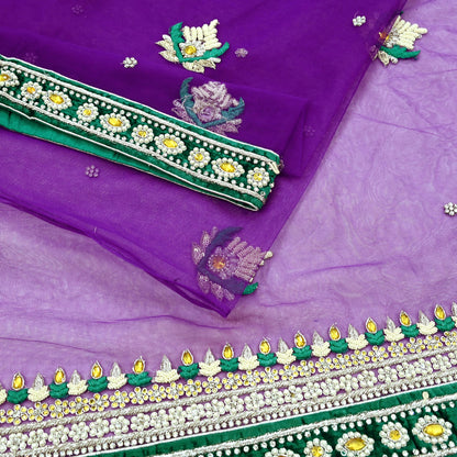 Indian Vintage Purple Net Saree Heavy Hand Embroidery 5 Yards Soft Mesh Fabric Includes Blouse & Ideal for Crafting Wedding Wear