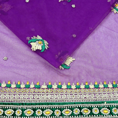 Indian Vintage Purple Net Saree Heavy Hand Embroidery 5 Yards Soft Mesh Fabric Includes Blouse & Ideal for Crafting Wedding Wear