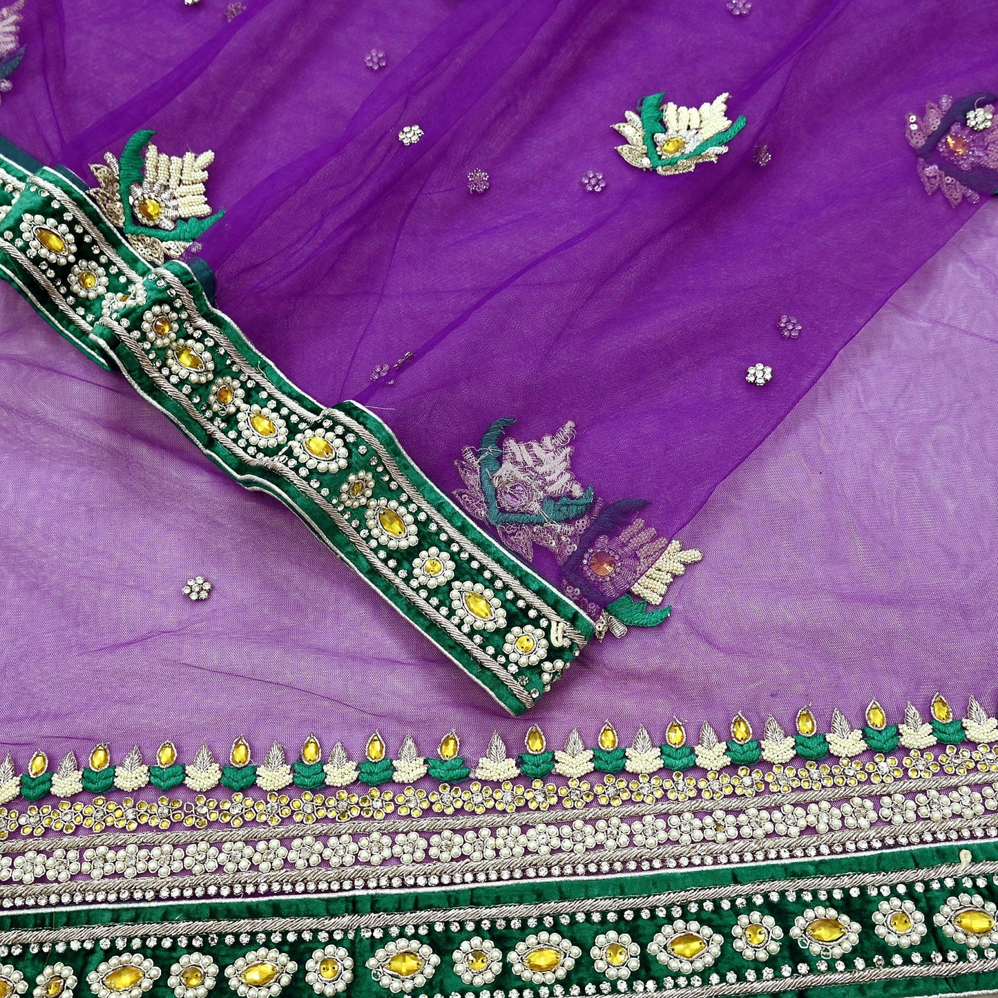 Indian Vintage Purple Net Saree Heavy Hand Embroidery 5 Yards Soft Mesh Fabric Includes Blouse & Ideal for Crafting Wedding Wear