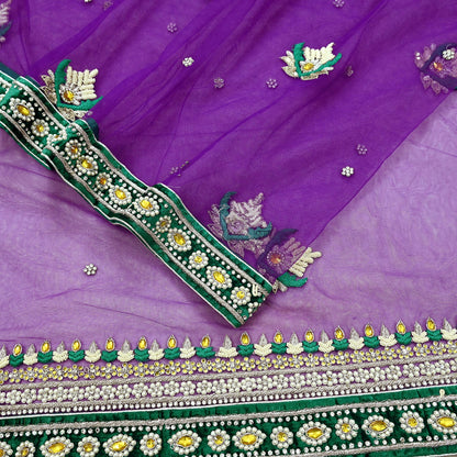 Indian Vintage Purple Net Saree Heavy Hand Embroidery 5 Yards Soft Mesh Fabric Includes Blouse & Ideal for Crafting Wedding Wear
