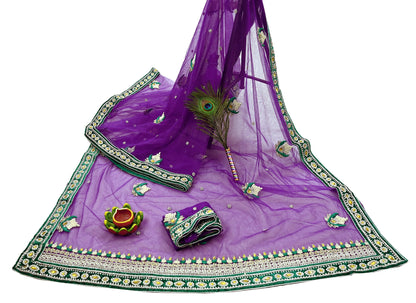 Indian Vintage Purple Net Saree Heavy Hand Embroidery 5 Yards Soft Mesh Fabric Includes Blouse & Ideal for Crafting Wedding Wear