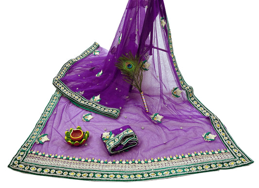 Indian Vintage Purple Net Saree Heavy Hand Embroidery 5 Yards Soft Mesh Fabric Includes Blouse & Ideal for Crafting Wedding Wear