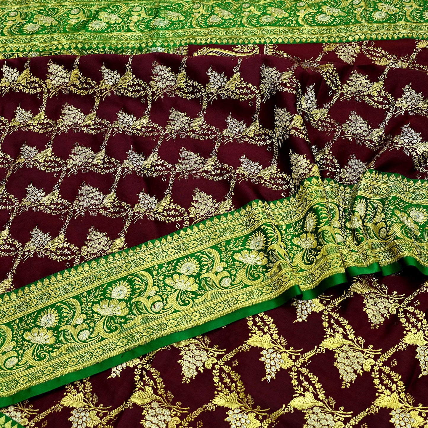 Vintage Banarasi Saree Pure Satin Silk Woven Brocade Zari Fabric Maroon & Green Heavy Craft Sari 5 Yards Indian Antique Textile Dress Making